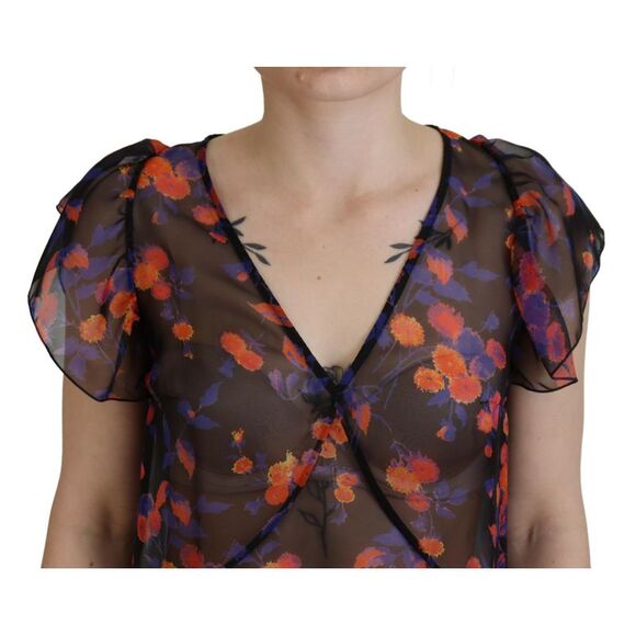 Dsquared² Black Floral Print Short Sleeves V-neck Blouse Women's Top (Pre-Owned) - Picture 4 of 5